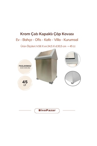 Krom Sallanır Çatı Kapaklı Çöp Kovası 45 Lt