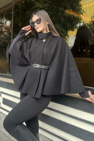 Butik Siyah Kemerli Kaşe Panço
