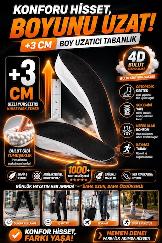 3 Cm Boy Uzatıcı Tabanlık Gizli Topuk Yükseltici Tam Boy Iç Taban Rahat Ve Dayanıklı