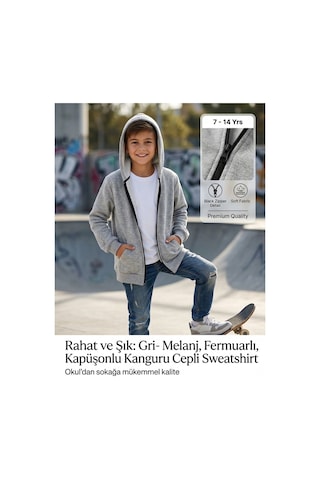Erdem Kıds Unisex Kız Erkek Çocuk Basic 3 İplik Şardonsuz Fermuarlı Kanguru Cepli Kapüşonlu Pamuk Sweatshirt Hırka Gri-melanj Gri-melanj