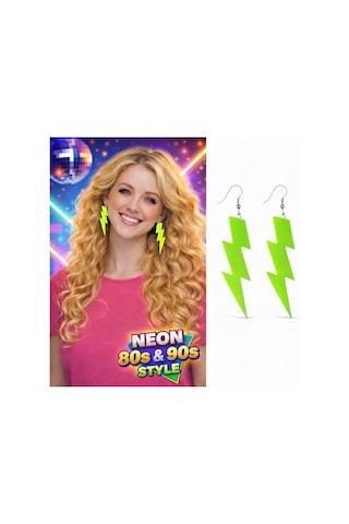 Techmrt 80 Ler 90& 39 Lar Retro Neon Yeşil Şimşek Küpe 10 Cm Tüm Yaşlar