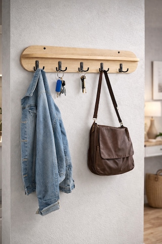 90 Cm 5 Kancalı Oval Kesim Ahsap Renk Duvara Monte Askılık Bal Meşe