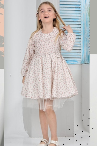 Kız Çocuk Kloş Elbise Çiçek Desenli Ve Etek Ucu Tüllü 12178 Ekru