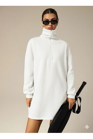 Afri 3 İplik Şardonlu Beyaz Oversize Fermuarlı Tunik Sweatshirt - Günlük Spor Elbise Beyaz