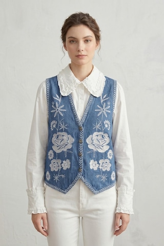 Saade Sââde Kadın V Yaka Çiçek Nakışlı Düğmeli Denim Yelek Mavi