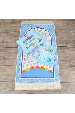 Çocuk Seccadesi Ve Eğitici Kitabı Namaz Seti - Mavi 45x82 Cm - 110 Gr - Tesbih Çok Renkli