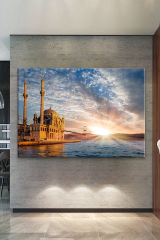 Ortaköy Camii Boğaz Gün Batımı Şehir Manzara Kanvas Tablo 30 x 20