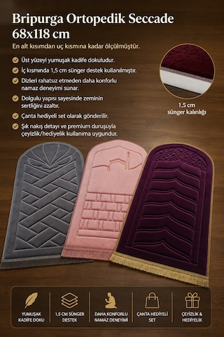 Diz Dostu Seccade Ortopedik Süngerli 1.5 Cm Kalın Kadife Namazlık Çanta Hediyeli Gri