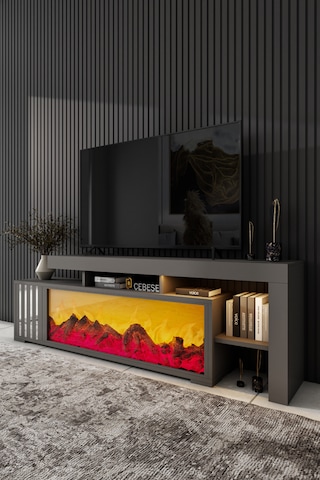 Dekoratif Elektrikli Yapay Şömine Ve Tv Ünitesi 160cm X 52cm Kumandalı Bluetooth Ses Antrasit