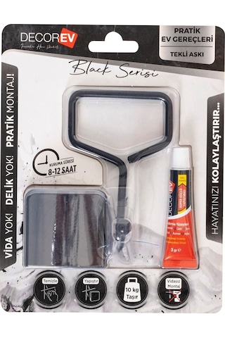Decorev Dekoratif Yapıştırmalı Banyo- Mutfak Metal Tekli Kancalı Askı Siyah Pratik Vidasız Montaj Dc-5052 Siyah