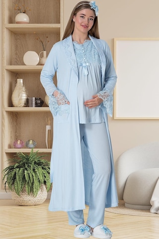 Mecit Pijama Mecit 5416 Mavi Uzun Sabahlıklı Lohusa Pjama Takımı