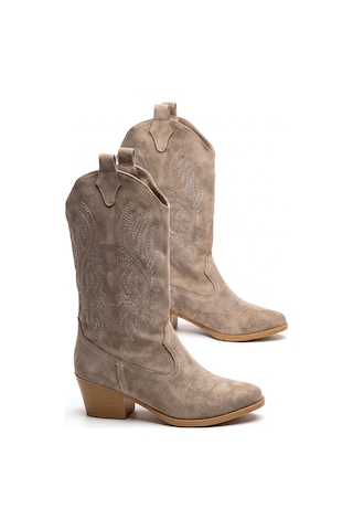 V.s.h Velvet Sara Kadın Western Basklılı Vizon Kovboy Çizme -2556