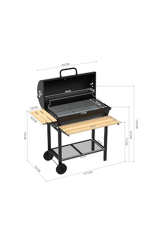Zln3594 Kömürlü Mangal & Barbekü Taşınabilir Ahşap Raflı Siyah