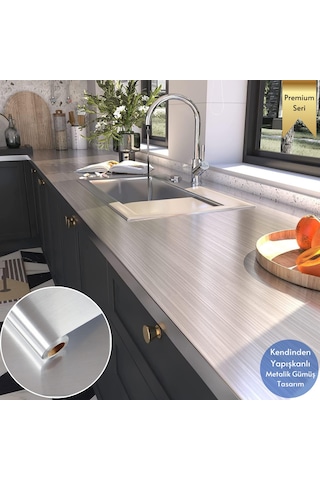 Technosmart 60cm 100cm Kendinden Yapışkanlı Metalik Folyo Mutfak Dolap Masa Kaplama Duvar Kağıdı Silver