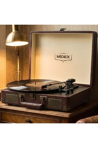Midex Mtx-101CR Şarjlı Bluetooth Aux Hoparlörlü 3 Devir Nostaljik Retro Pikap Plak Çalar + İğne