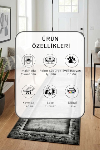 Rim Gri Salon Mutfak Yatak Odası Yıkanabilir Yolluk
