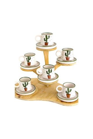 2 Li Takım Kaktüs Desenli El Yapımı Kazan Seramik Kahve Fincanı, Kahve Fincanı Beyaz