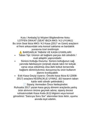 Seat Ibiza Mk5 Kj 2017 2018 2019 2020 2021 2022 2023 2024 Uyumlu Araca Ozel Kolcak Kol Dayama Orta Konsol Siyah