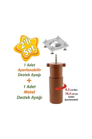 Destek Ayağı 9,5-14,5 Cm Kahverengi Ve Metal Düz Ayak Tabanı M8 Civatalı İnce Diş Mobilya Kanepe Baza Koltuk Seti