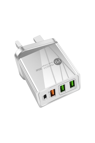 Xiyyadms Beyaz Mini 36w Seyahat Şarj Cihazı, 3 Usb Qc3.0 + Pd Hızlı Şarj, İngiliz Standardı, Taşınabilir Telefon Şarj Aleti