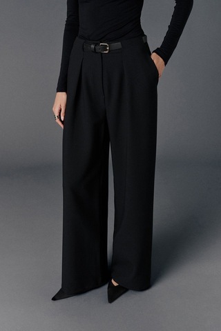 Vatkalı Kemerli Wide Leg Pantolon-20480 Siyah