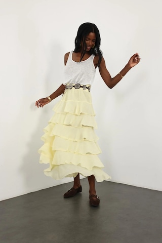 Sarı Beli Lastikli Volanlı Maxi Etek 4097 Sarı