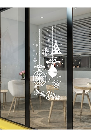 Mutlu Yıllar Kartanesi Yılbaşı Cam Vitrin Duvar Süsleme Etiket Sticker 50x100 Cm-1 Renkli