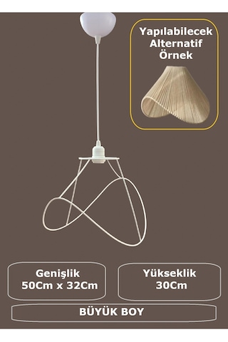Yaprak Avize Teli , İskeleti Büyük Boy 50x32 Cm Beyaz Statik Boyalı Duy Takımı Dahil Beyaz