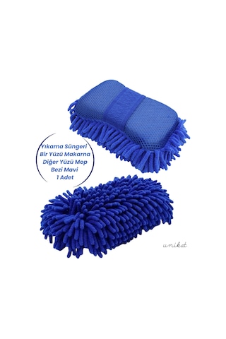Premium Mikrofiber Araba Yıkama Süngeri Bir Yüzü Makarna, Diğer Yüzü Mop Bezi Mavi 1 Adet