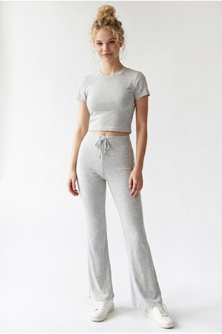Mixray 2120 Kadın Crop T-shirt Ve Palazzo Pantolon Takım Gri