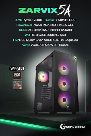 Game Garaj Zarvix 5A R5-7500F 16 GB 1 TB SSD 16 GB RX9060XT Free Dos Oyuncu OEM Paket