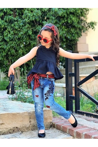 Quzucuk Kids Kız Çocuk Ekose Detaylı Pantolonlu Takım Çok Renkli