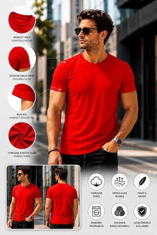 Luxıc Core Erkek Slim Fit Kırmızı Bisiklet Yaka Pamuk Penye Günlük Rahat Basic Tişört