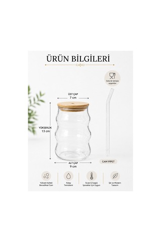 Bambu Kapaklı Cam Pipetli Borosilikat Bombeli Cam Bardak 13 Cm Şeffaf İçecek Bardağı Şeffaf