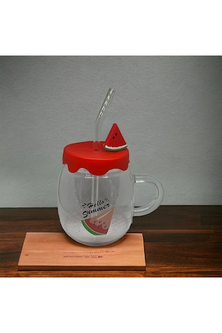 Karpuz Tasarımlı Cam Kupa Bardak - 450 Ml - Silikon Kapaklı - Pipetli Diğer
