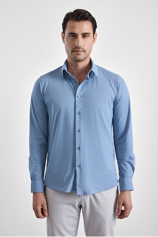 Süvari Buz Mavi Slim Klasik Yaka Düz Casual Gömlek Gm1008400364-m01