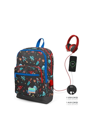 Coral High Erkek Çocuk Okul Çantası Ve Beslenme Çantası Seti Gri Mavi Uzay Usb Soketli