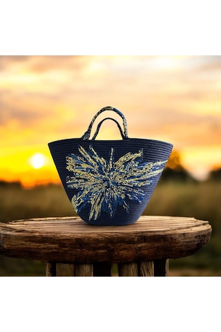 Hasır Çanta, Plaj Çantası, Tasarım Çanta, Lacivert Desenli El Çantası Lacivert