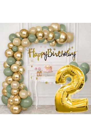 2 Yaş Pompa Hediyeli Doğum Günü Seti Gold Banner Krom Gold Küf Yeşili Kum Beji Balonlar Gold Folyo Rakam Çok Renkli