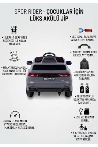 Sportpower 12 V 30 Kg Taşıma Kapasiteli Güvenli Bluetooth'lu Uzaktan Kumandalı Akülü Araba Gri