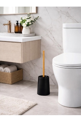 Mat Siyah Ahşap Saplı Tuvalet Fırçası Ve Standı Modern, Şık Wc Fırçası Vıchy-7047