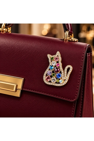 Cats & Meow Kedi Figürlü Renkli Kristal Taşlı Altın Renk Kadın Broş