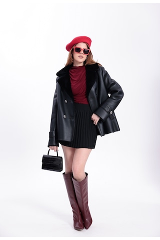 M M Marki Marki Hakiki Deri Kadın Mont Siyah İçi Kürklü Kruvaze Düğmeli Blazer Model 70 Cm - 120522
