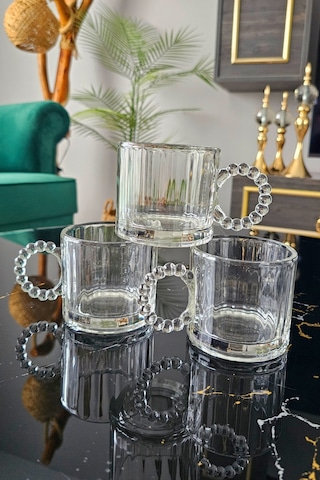 6 Lı Boncuklu Kulplu Cam Kupa 300 Ml Kulplu Çay Bardağı Boncuk Cam Kupa Meşrubat Bardağı - Beyaz Beyaz