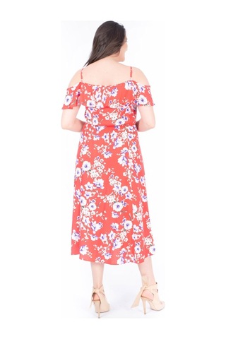 Kolları Volanlı Elbise-589 Kırmızı