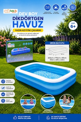 Şişme Dikdörtgen Havuz 262 X 175 X 50 Cm Mavi Bahçe Havuzu