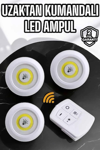 Spot Lamba Led Işık 3'lü Uzaktan Kumandalı Pilli Yapışkanlı Kablosuz Çok Renkli 47193146