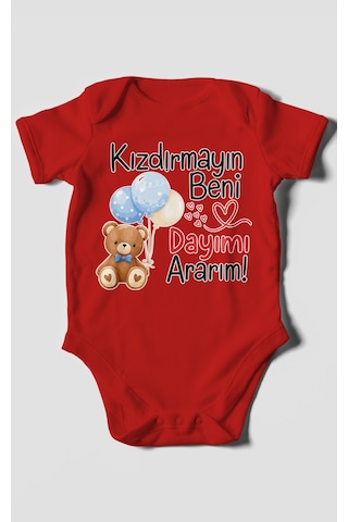 Morivokids Kızdırmayın Beni, Dayımı Ararım Kısa Kollu Bebek Body %100 Pamuk Kırmızı