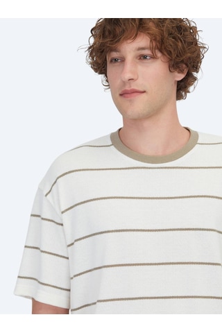 Kip Ekru Çizgili Pamuk Karışımlı T-shirt