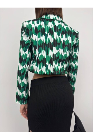 Yeni Sezon Desenli Simetrik Katlamalı Yaka Tek Düğme Crop Kadın Blazer Ceket 24s08012 Yeşil